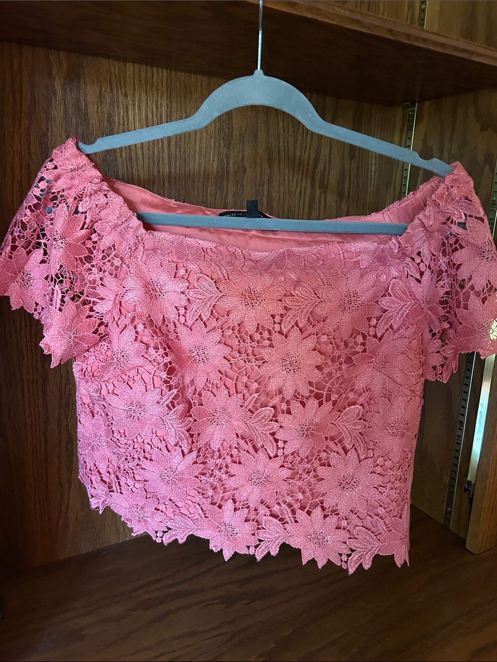 Floral Crochet Off-Shoulder Lace Crop Top in Coral